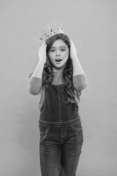 Oh my god. little princess. selfish kid long curly hair. luxury and success. find your motivation. small girl in queen crown. feel herself like big boss. being an egoist. reward for real champion — Stock Photo, Image