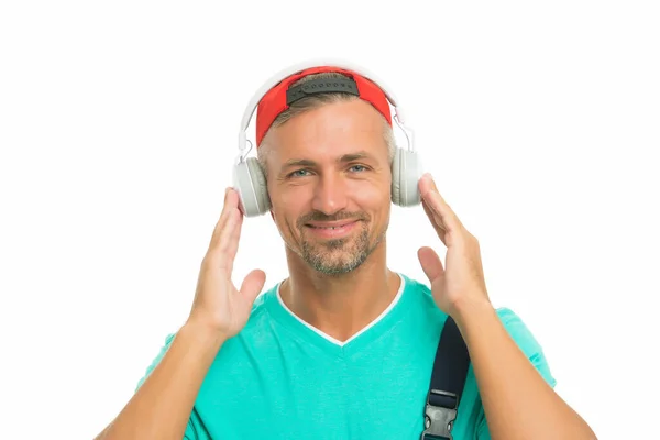 Only music that matters. Happy man listen to music isolated on white. Handsome guy wear headphones playing music. New technology. Modern life. Music helps me escape from the reality I live in — Stock Photo, Image