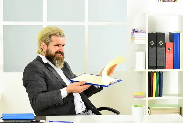 CEO has to be moral leader of company. Man bearded boss sit office. Manager solving business problems. Businessman in charge successful business solutions. Developing business strategy. Working day — Stock Photo, Image