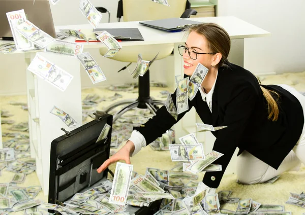 Woman counting money. Business challenges. Owner of small business. Accounting and banking. Accountant office. Financial success. Tax service. Business investment. Office is littered with money