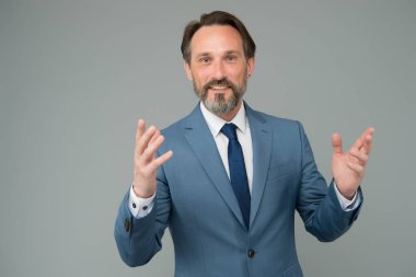 Resmi öğretim. Sakallı adam resmi takım elbise giyer. Koç ya da öğretmen tarzında. Resmi iş modası. İş kıyafeti. Profesyonel giysiler. Kıyafet kuralı. Resmi giyim