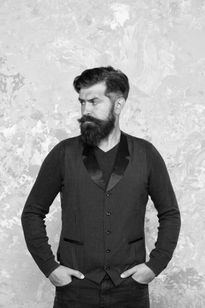 Looking trendy. Vintage barber hairdresser. Male fashion and beauty. Confident guy beauty salon. brutal man mustache. stylish well-trimmed mustaches looking good. Bearded hipster formal outfit — Stock Photo, Image