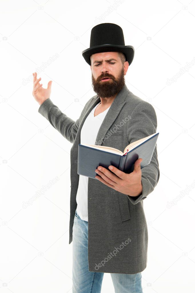 Literary criticism. Faced with senseless drama. Eloquence and diction. Bearded man read book. Poetry reading. Book presentation. Literature teacher. Books shop. Guy classic outfit read book
