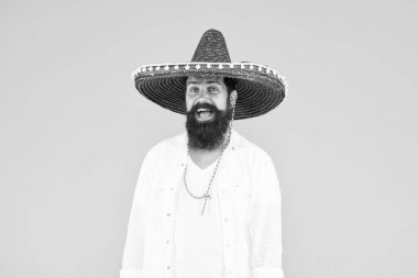 Mexican party. man in mexican sombrero hat. Celebrate traditions. hipster with beard in festive sombrero. celebrating fiesta. happy man wear poncho. having fun on mexican party. sombrero party man clipart