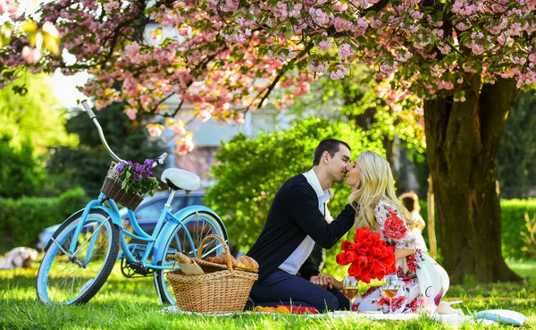 Milovníci smyslného líbání. Můj poklad. Romantický návrh. Užívají si perfektní rande. Pár odpočinku v parku s kolem. Romantický piknik s vínem. Pár na piknikovém rande. Jarní víkend — Stock fotografie