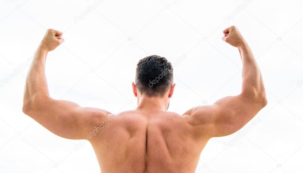 Sport motivation. Man celebrating success. Bodybuilder strong muscular back feeling powerful and superior. Achieve success. Successful athlete. Victory and success. Champion and winner concept