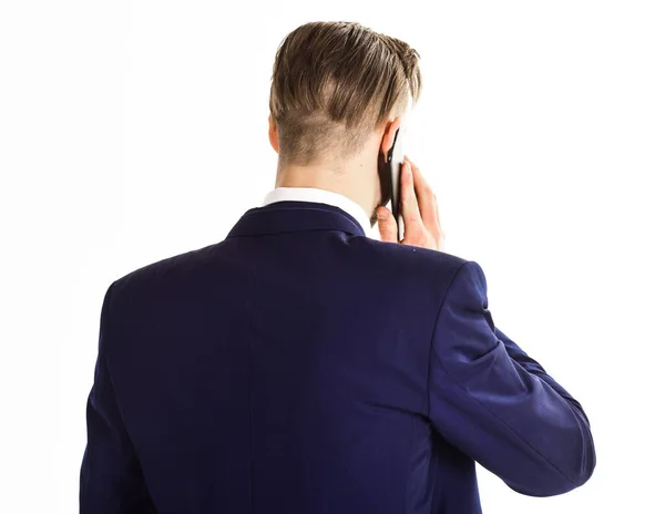 Homme parlant sur téléphone portable, isolé sur fond blanc — Photo