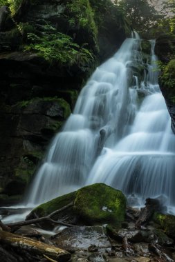 Ormandaki şelale. Güzel su jetleri. Karpatyalı. Karpat Dağları. Uzun pozlama fotoğrafı.