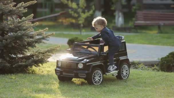 Lindo niño jugando coche en el parque en un día soleado . — Vídeos de Stock