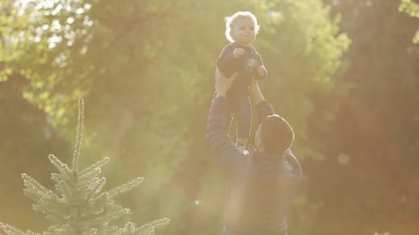 Papà mani tenendo poco felice sorridente carino figlio giocare insieme a natura campagna colpo spensierato famiglia godendo week-end rilassante avendo buon tempo all'aperto . — Video Stock