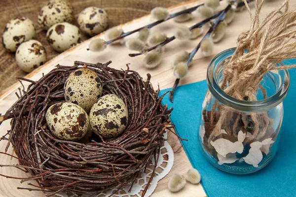 Quail Eggs Nest Wooden Hares Jar Pussy Willow Branches Buds — Stok fotoğraf