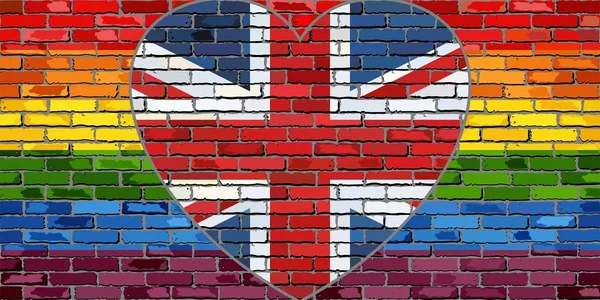 LGBT flag on a brick wall with the Great Britain heart — Stock Vector