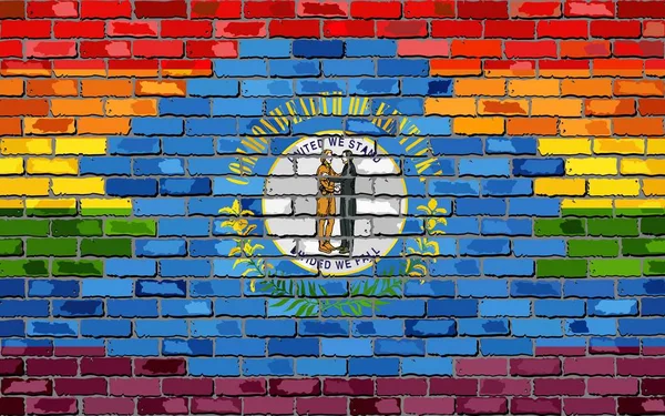 砖墙肯塔基和同性恋旗子 彩虹旗子在砖纹理背景 抽象垃圾肯塔基旗子和 Lgbt — 图库矢量图片