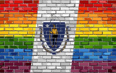 Arka plan, soyut grunge Massachusetts bayrak ve Lgbt bayrağı Gökkuşağı bayrağı üzerinde tuğla tuğla duvar Massachusetts ve Gay bayrakları - illüstrasyon, dokulu