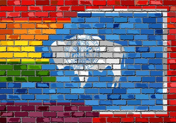 砖砌的墙壁怀俄明州和同性恋旗子 彩虹旗子在砖纹理背景 抽象垃圾怀俄明州旗子和 Lgbt — 图库矢量图片