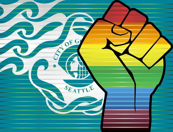 Shiny Hbtq Protest Fist Seattle Flag Illustration Abstrakt Grunge Seattle — Stock vektor