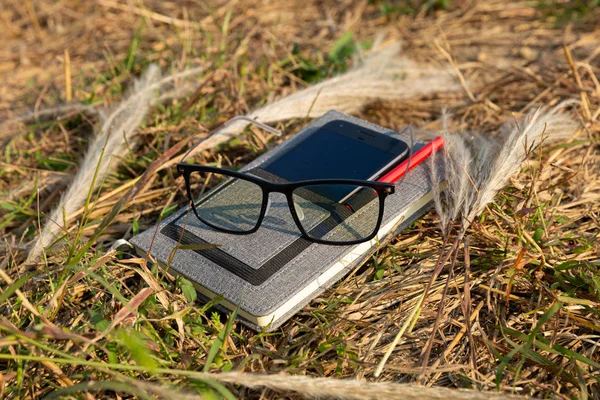 Glasses Notebook Grass — Stock Photo, Image