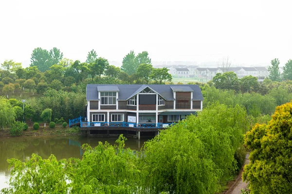 Красивый Дом Зелеными Деревьями Озером — стоковое фото