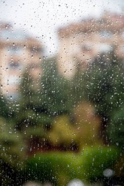 Pencereye yağmur damlaları, yeşil arkaplan 
