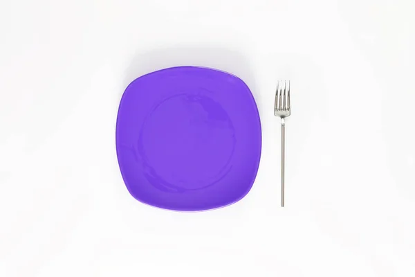 Empty Dark Violet Purple Color Plate Fork Next Isolated Object — Stock Photo, Image