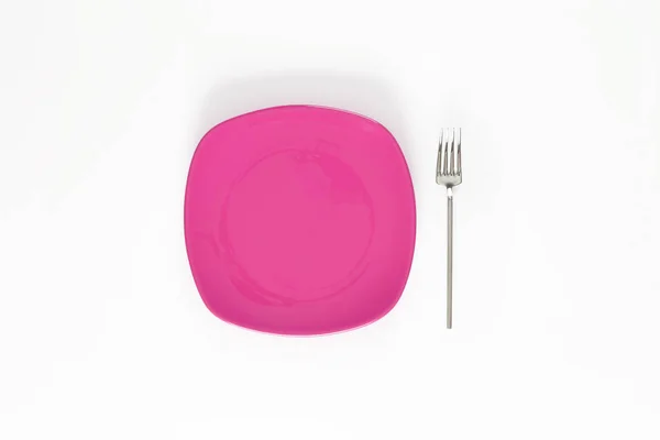 Pusta Płyta Deep Pink Kolor Widelec Obok Niego Obiekt Izolowany — Zdjęcie stockowe