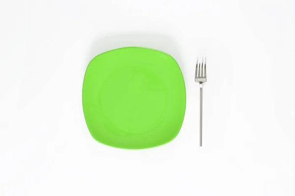 Pusty Chartreuse Zielona Płyta Kolorów Widelec Obok Niego Obiekt Izolowany — Zdjęcie stockowe
