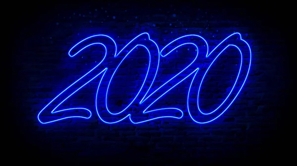 2020 Neon Font Blue Lights Brick Wall Has Intense Vignetting — Stock Photo, Image