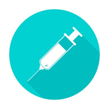 Şırınga, iğne, aşı ikonu, logo. Turkuaz dairede, uzun gölge tarzında yapılmış. İzole vektör illüstrasyonu
