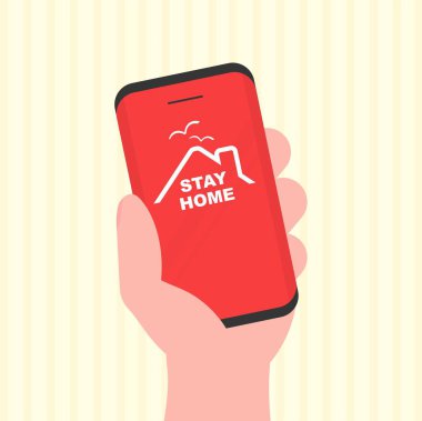 El telefonu, çatı katı ekranda evde kal mesajı. Küresel virüs salgını ve karantina, kendini izole etme. Düz tasarım vektörü.