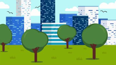 Gökdelenler, şehir merkezindeki iş binaları. Büyük iş kuleleri, binalar. Kuşlar gökyüzü ve bulutların üzerinde uçuyor. Arka planda izole edilmiş düz vektör.