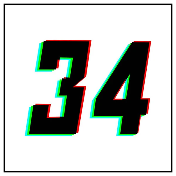 数字34 34ベクトルのデザインのロゴ ダイナミック 分割色 番号の影赤 白の背景に黒いフレームで青 ソーシャルメディアのための デザイン要素 記念日の挨拶 — ストックベクタ