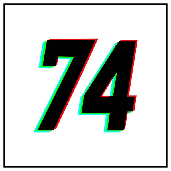 74番 74番ベクトルデザインのロゴ ダイナミック スプリットカラー 白の背景に黒枠の数字赤 青の影 — ストックベクタ