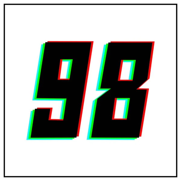 数字98 98ベクトルデザインのロゴ ダイナミック 分割色 番号の影赤 白の背景に黒のフレームで青 ソーシャルメディアのための デザイン要素 記念日の挨拶 — ストックベクタ