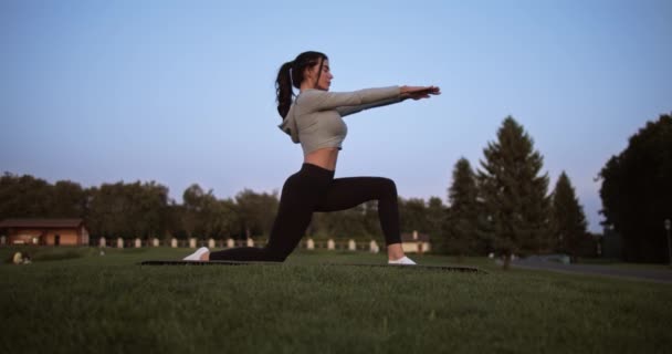 Sportliches Mädchen Praktiziert Abends Yoga Park Junge Frau Wärmt Sich — Stockvideo