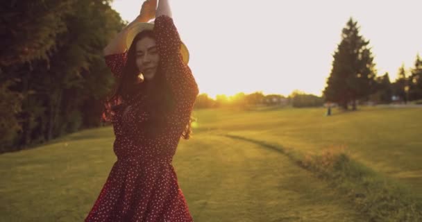 Ευτυχισμένη Γυναίκα Κόκκινο Φόρεμα Διασχίζει Χωράφι Ηλιοβασίλεμα Αργή Κίνηση Χαμογελαστή — Αρχείο Βίντεο
