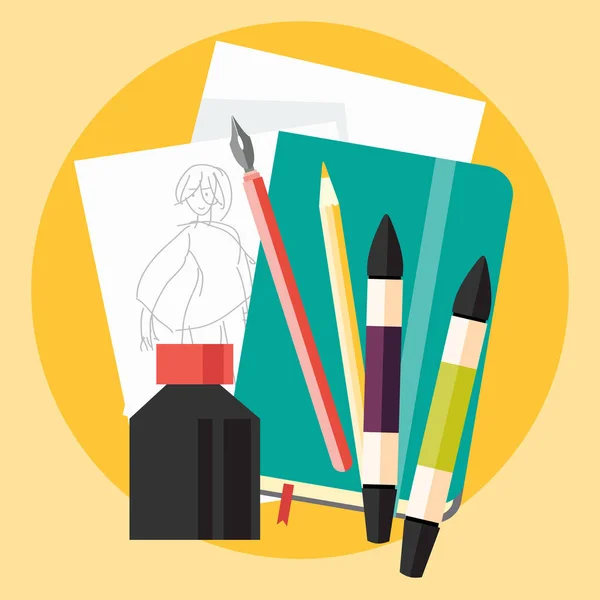 Art sketch with ink and markers flat icon — Stock Vector