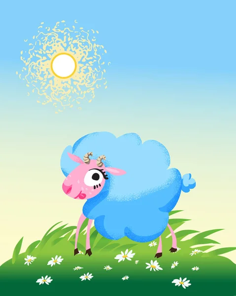 Verão ensolarado paisagem prado com ovelhas dos desenhos animados — Vetor de Stock