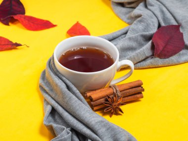 Tarçınlı çay, anason yıldızı ve parlak sarı arka planda sıcak bir eşarp.