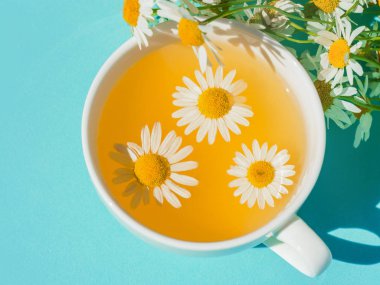 Fincanda taze papatya çiçekleri olan bitki çayı.