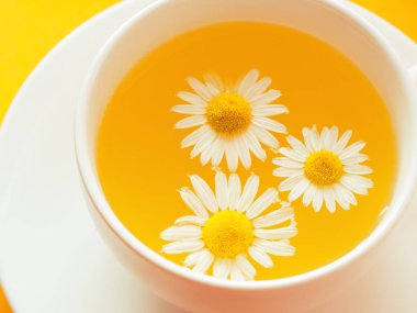 Fincanda taze papatya çiçekleri olan bitki çayı.