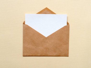 Kraft kahverengi kağıt zarf ile boş beyaz kart