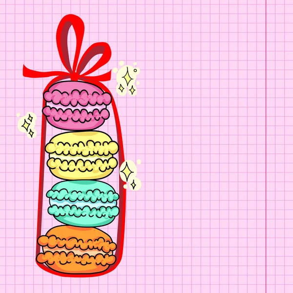 Stapel heller Macarons mit rotem Band und Schleife, skizzenhafte Vektorillustration — Stockvektor