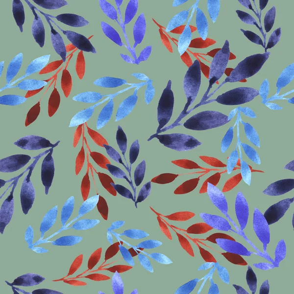 Wzór Ramka Abstrakcja Gałązki Liście Flora Czerwony Niebieski Biały Akwarela — Zdjęcie stockowe