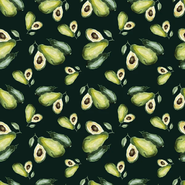 アボカド水彩柄シームレスプリントテキスタイルペーパーブラックの背景色カードポストカード手描き植物植物春の食事健康的な栄養食品 — ストック写真