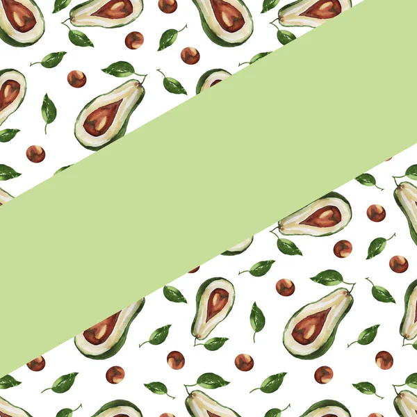 鳄梨水彩画条纹白色背景卡明信片手绘植物详细说明健康营养食品 — 图库照片