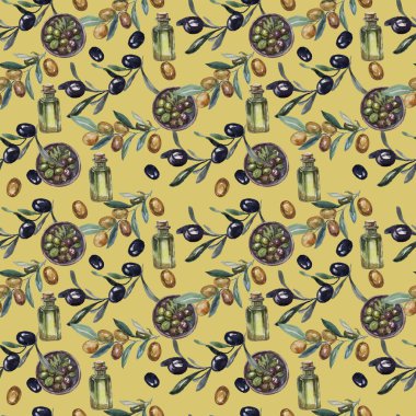 Zeytinler, beyaz arka plandaki diyet yağına, pürüzsüz desensiz tekstil doğal yağlı boya desenleri koymuştur. Sağlıklı beslenme, vejetaryenlik, menü, İtalya mutfağı, el yapımı İtalyan mutfağı.