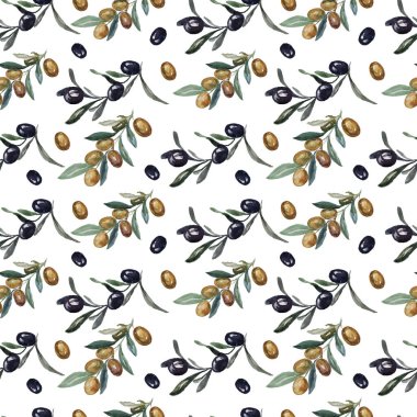 Zeytinler, beyaz arka plandaki diyet yağına, pürüzsüz desensiz tekstil doğal yağlı boya desenleri koymuştur. Sağlıklı beslenme, vejetaryenlik, menü, İtalya mutfağı, el yapımı İtalyan mutfağı.