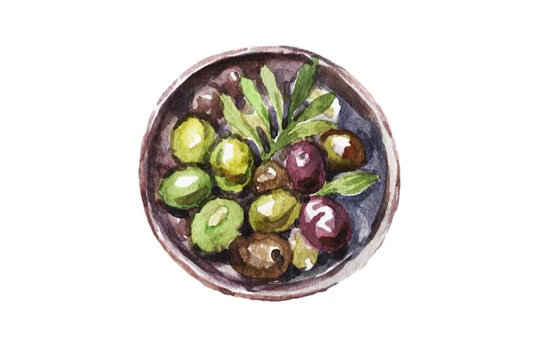 Zeytinler, kaynak desenli tekstil desenli doğal yağlı suluboya desenleri beyaz arka plan diyet yağı sağlıklı beslenme, vejetaryenlik, menü, İtalyan mutfağı, eski el yapımı İtalyan mutfağı.