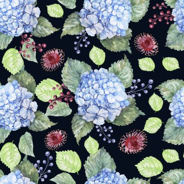 Ortanca çiçekleri okaliptüs, arka planda bitki örtüsü desenli dikişsiz tekstil suluboyası oluşturur.