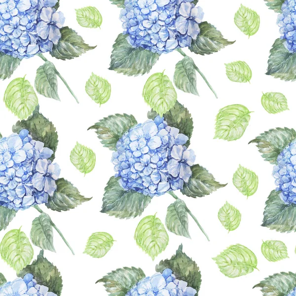 Wzór Bezszwowy Hortensja Niebieski Kwiaty Odlew Wiosna Kwiat Lato Akwarela — Zdjęcie stockowe